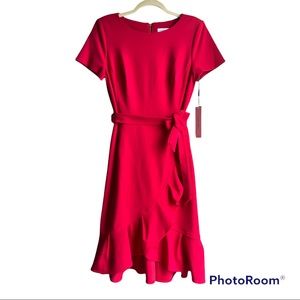 Calvin Klein Women's red Ruffled Tulip-hem Crepe Dress.
